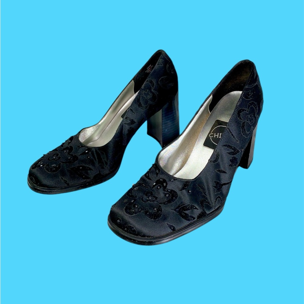 Vintage 90s CHILIS Black Fabric Velvet Embellished Beaded Heels